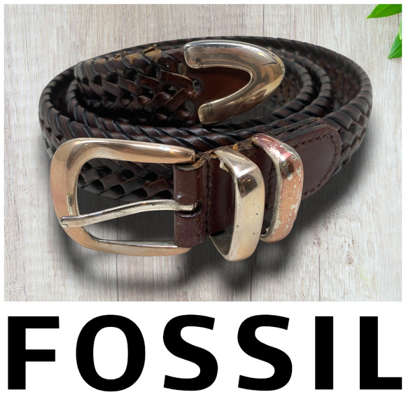 Fossil Sz 40 Dark Brown Woven Genuine Leather Dress Belt READ - Picture 1 of 6